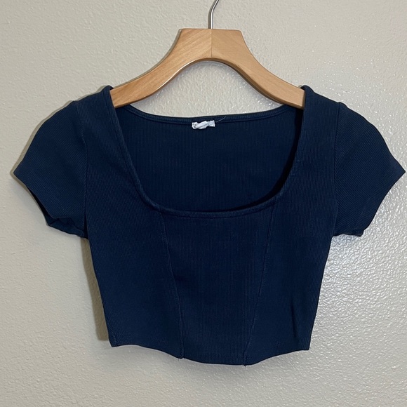 Garage Navy Cap Sleeve Cropped Shirt - Picture 1 of 9